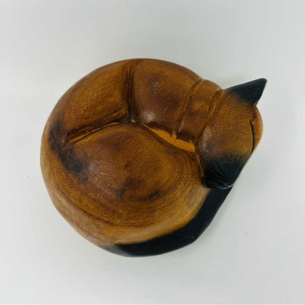 Handcrafted Wooden Sleeping Cat Sculpture Doorstop Siamese Brown Black Heavy - Picture 4 of 11